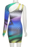 Colour Sexy Print Patchwork Asymmetrical Collar Pencil Skirt Dresses