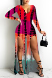 Red Casual Print Patchwork Slit V Neck Straight Jumpsuits