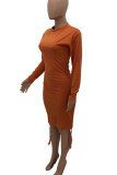 Tangerine Sexy Solid Patchwork Draw String Fold O Neck Pencil Skirt Dresses