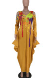 Black Elegant Print Hollowed Out Patchwork Asymmetrical Zipper V Neck Lantern Skirt Dresses