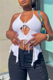 White Fashion Sexy Solid Bandage Hollowed Out Backless Halter Tops