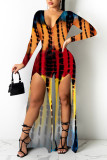 Red Casual Print Patchwork Slit V Neck Straight Jumpsuits