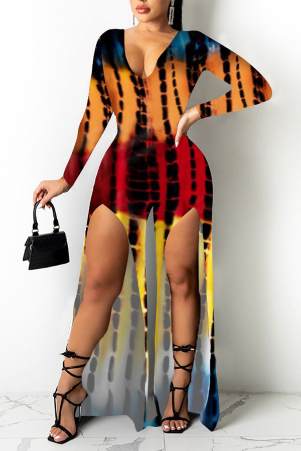 Red Casual Print Patchwork Slit V Neck Straight Jumpsuits