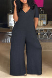 Black Fashion Casual Solid Basic V Neck Regular Jumpsuits