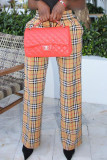 Khaki Casual Plaid Print Patchwork Straight High Waist Straight Full Print Bottoms