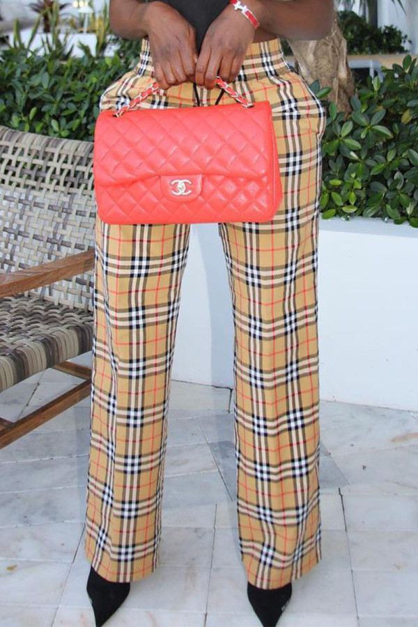 Khaki Casual Plaid Print Patchwork Straight High Waist Straight Full Print Bottoms