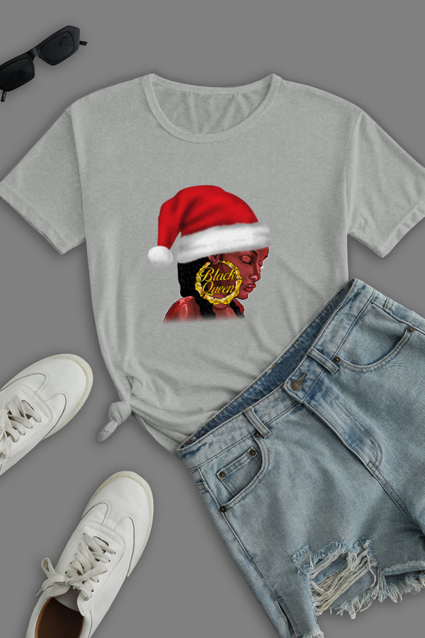Grey Daily Party Print Patchwork O Neck T-Shirts