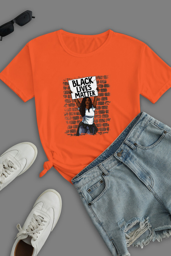 Orange Street Print Patchwork Letter O Neck T-Shirts