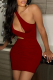 Burgundy Sexy Solid Hollowed Out One Shoulder Pencil Skirt Dresses