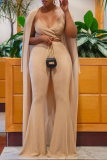 Champagne Sexy Solid Patchwork Spaghetti Strap Long Sleeve Three Pieces