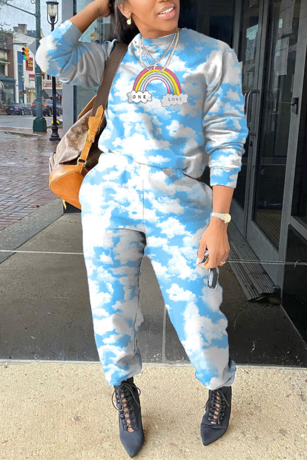 Baby Blue Fashion Casual Print Basic O Neck Long Sleeve Two Pieces
