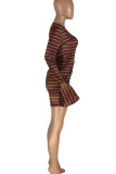 Coffee Casual Striped Print Patchwork Asymmetrical Long Sleeve Two Pieces