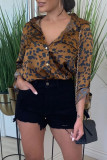 Brown Casual Print Patchwork Buckle Turndown Collar Tops