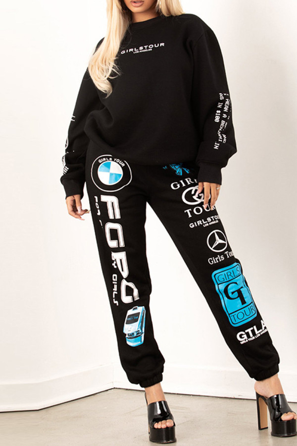 Black Fashion Casual Print Basic O Neck Long Sleeve Two Pieces