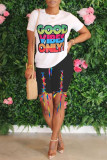 Blue Casual Letter Print Bandage O Neck Short Sleeve Two Pieces