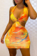Yellow Sexy Print Hollowed Out V Neck Pencil Skirt Dresses