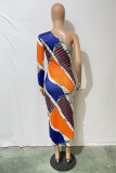 Multicolor Fashion Casual Print Basic Oblique Collar Long Sleeve Dresses