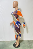 Multicolor Fashion Casual Print Basic Oblique Collar Long Sleeve Dresses