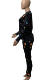 Black Casual Print Patchwork O Neck Long Sleeve Two Pieces