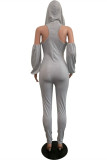 Grey Sexy Casual Solid Bandage Hollowed Out Hooded Collar Skinny Jumpsuits