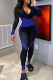 Blue Sportswear Print Patchwork Zipper Collar Skinny Jumpsuits