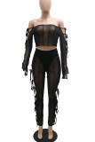Black Sexy Solid Hollowed Out Patchwork Frenulum See-through Off the Shoulder Long Sleeve Two Pieces