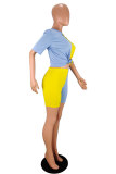 Yellow and blue Casual adult Fashion Solid Patchwork Two Piece Suits Straight Short Sleeve
