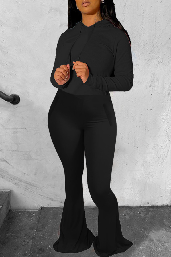 Black Fashion Casual Solid Basic Hooded Collar Long Sleeve Two Pieces
