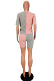 Pink gray Casual adult Fashion Solid Patchwork Two Piece Suits Straight Short Sleeve