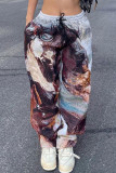 Purple Street Print Patchwork Loose High Waist Straight Full Print Bottoms