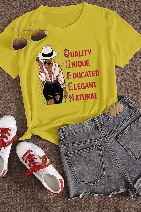 Yellow Casual Print Patchwork O Neck T-Shirts