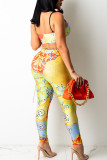 Pink Sexy Print Patchwork Spaghetti Strap Sleeveless Two Pieces (Without Belt)