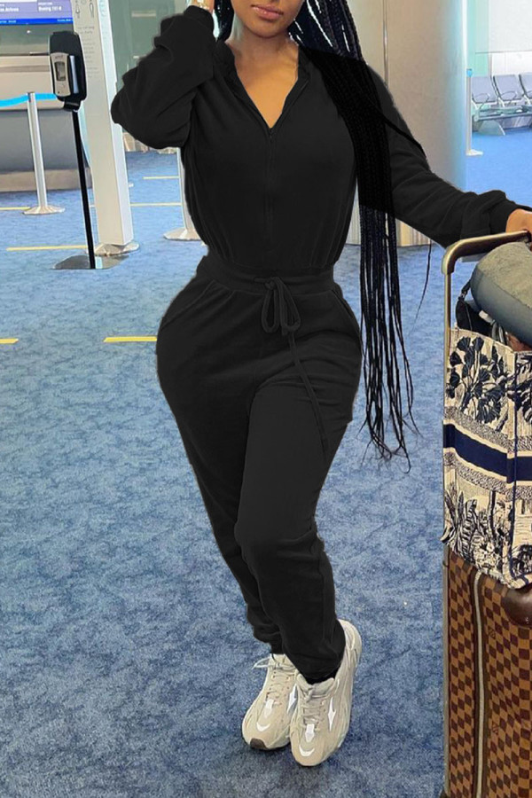 Black Casual Solid Patchwork Frenulum Zipper Collar Regular Jumpsuits