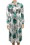 Green Fashion Casual Print With Bow V Neck Long Sleeve Dresses