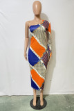 Multicolor Fashion Casual Print Basic Oblique Collar Long Sleeve Dresses