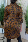 Brown Casual Print Patchwork Buckle Turndown Collar Tops