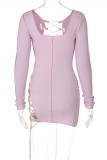Purple Fashion Sexy Solid Hollowed Out Chains Off the Shoulder Long Sleeve Dresses