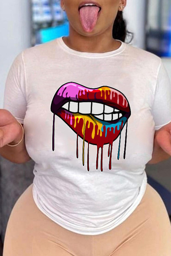 White Casual Print Patchwork O Neck T-Shirts