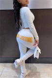 Rose Red Fashion Casual Letter Print Bandage O Neck Long Sleeve Two Pieces