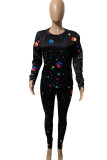 Black Casual Print Patchwork O Neck Long Sleeve Two Pieces