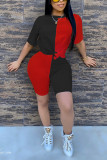 Black and red Casual adult Fashion Solid Patchwork Two Piece Suits Straight Short Sleeve