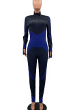 Blue Sportswear Print Patchwork Zipper Collar Skinny Jumpsuits