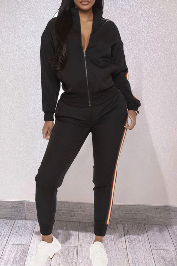 Black Casual Sportswear Solid Patchwork Zipper Collar Long Sleeve Two Pieces