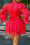 Red Elegant Solid Hollowed Out Patchwork Asymmetrical O Neck A Line Dresses
