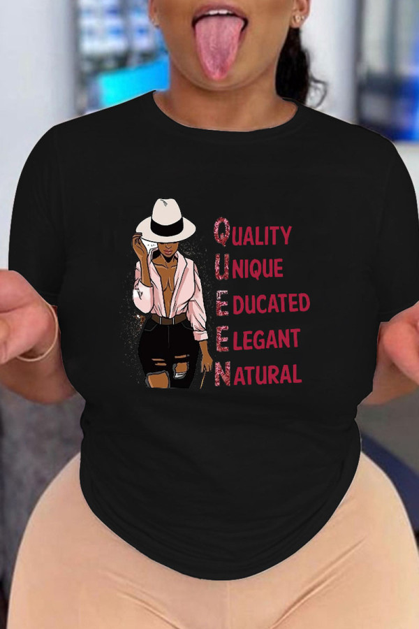 Black Casual Print Patchwork O Neck T-Shirts