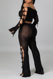 Black Sexy Solid Hollowed Out Patchwork Frenulum See-through Off the Shoulder Long Sleeve Two Pieces