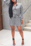 Black Casual Striped Patchwork Turndown Collar Three Quarter Two Pieces