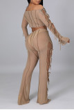 Black Sexy Solid Hollowed Out Patchwork Frenulum See-through Off the Shoulder Long Sleeve Two Pieces