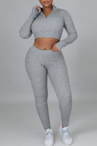 Grey Sexy Solid Split Joint Zipper Collar Long Sleeve Two Pieces