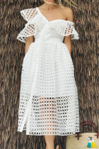 White Fashion Elegant Solid Hollowed Out Patchwork V Neck A Line Dresses